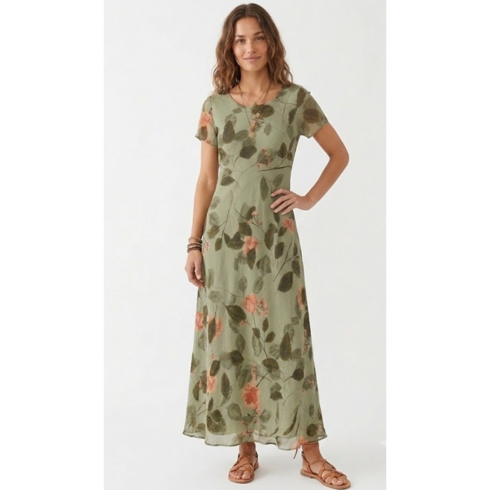 Vintage Casual Corner Annex Maxi Dress sz 10 Green Floral Crinkle Feminine Boho